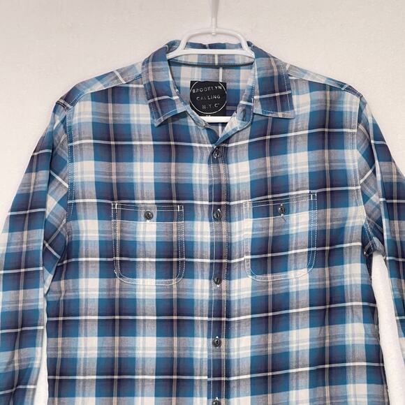 Brooklyn Calling NYC Button Down Shirt Mens Small Blue White Plaid Long Sleeve - Picture 2 of 11